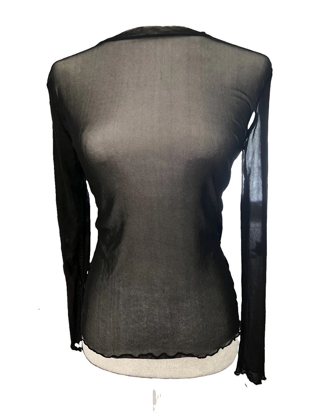 Womens Vee Miny Best Fit Small See Thru Black Mesh Long Sleeve Shirt Grunge Club